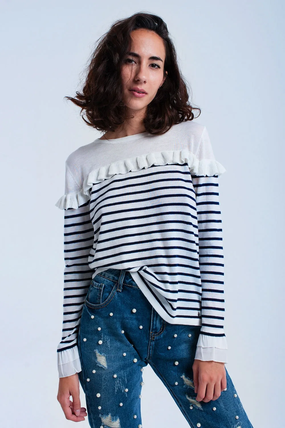 Navy striped sweater with ruffles