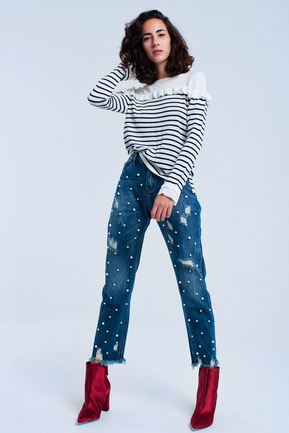 Navy striped sweater with ruffles