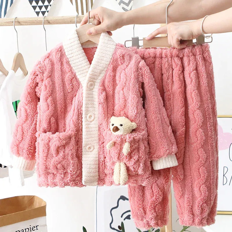 New 2023 Autumn Winter Kids Thicken Warm Flannel Pajamas Baby Boys Girls Cartoon Bear Casual Sleepwear Clothing Sets Pyjamas