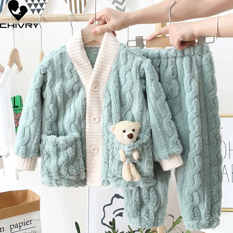 New 2023 Autumn Winter Kids Thicken Warm Flannel Pajamas Baby Boys Girls Cartoon Bear Casual Sleepwear Clothing Sets Pyjamas