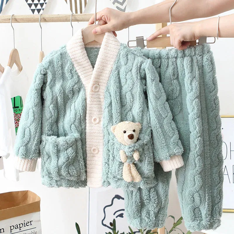 New 2023 Autumn Winter Kids Thicken Warm Flannel Pajamas Baby Boys Girls Cartoon Bear Casual Sleepwear Clothing Sets Pyjamas