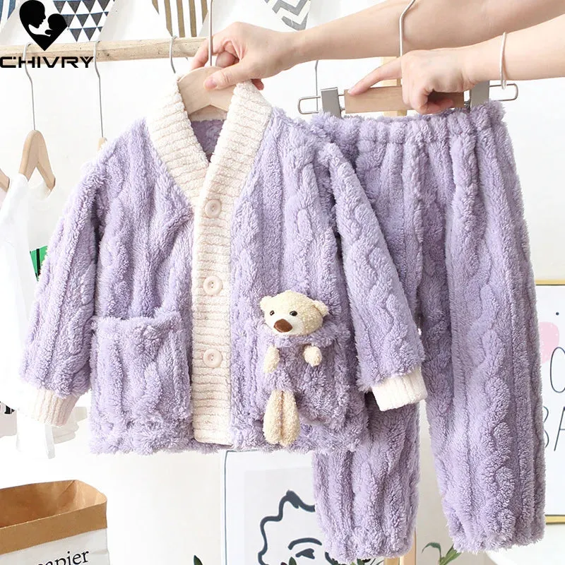 New 2023 Autumn Winter Kids Thicken Warm Flannel Pajamas Baby Boys Girls Cartoon Bear Casual Sleepwear Clothing Sets Pyjamas