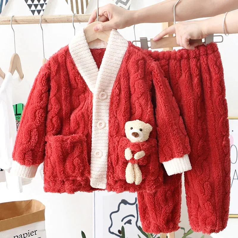 New 2023 Autumn Winter Kids Thicken Warm Flannel Pajamas Baby Boys Girls Cartoon Bear Casual Sleepwear Clothing Sets Pyjamas