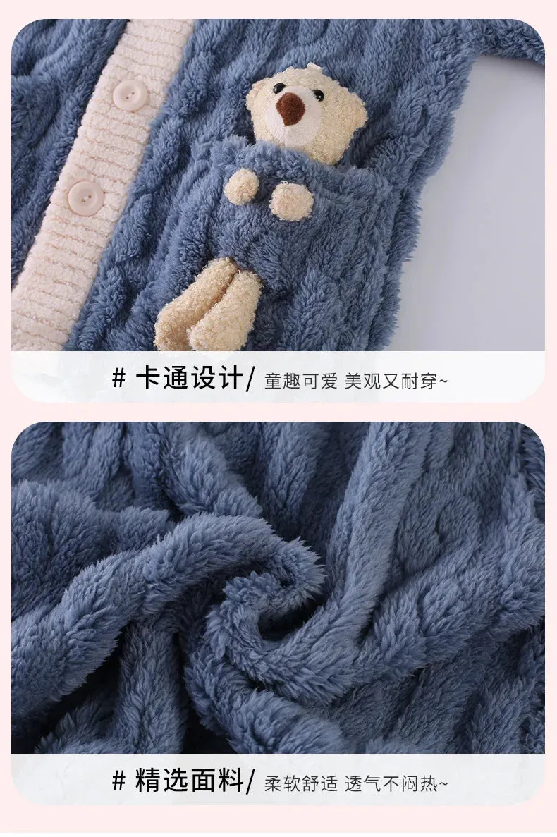 New 2023 Autumn Winter Kids Thicken Warm Flannel Pajamas Baby Boys Girls Cartoon Bear Casual Sleepwear Clothing Sets Pyjamas