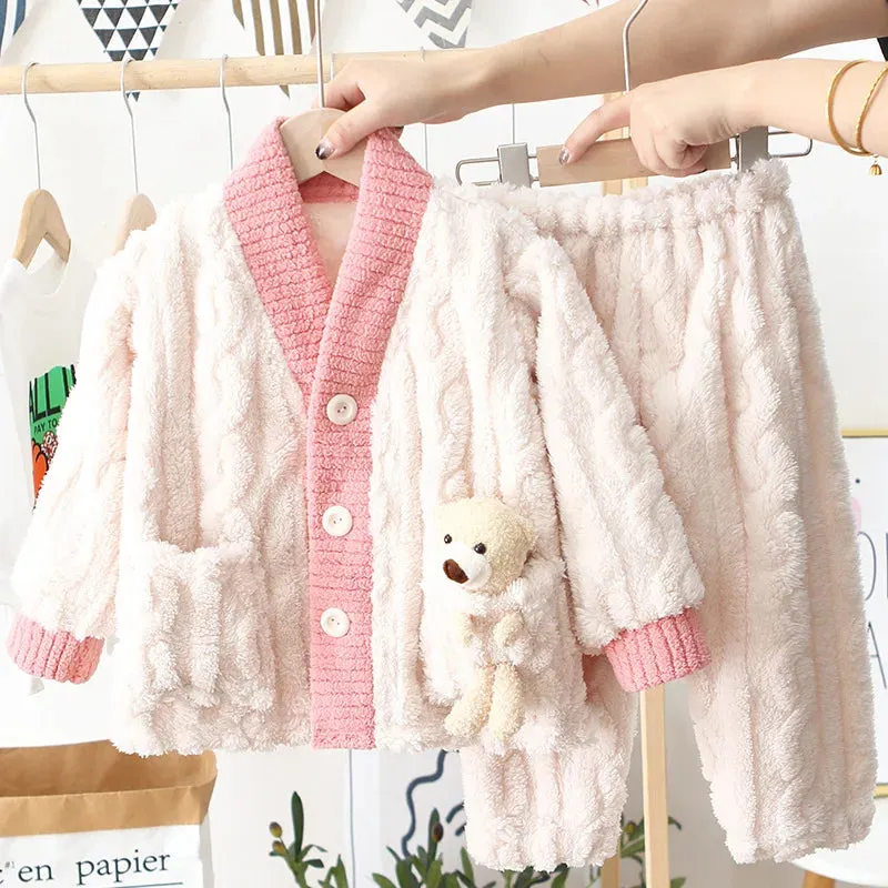 New 2023 Autumn Winter Kids Thicken Warm Flannel Pajamas Baby Boys Girls Cartoon Bear Casual Sleepwear Clothing Sets Pyjamas