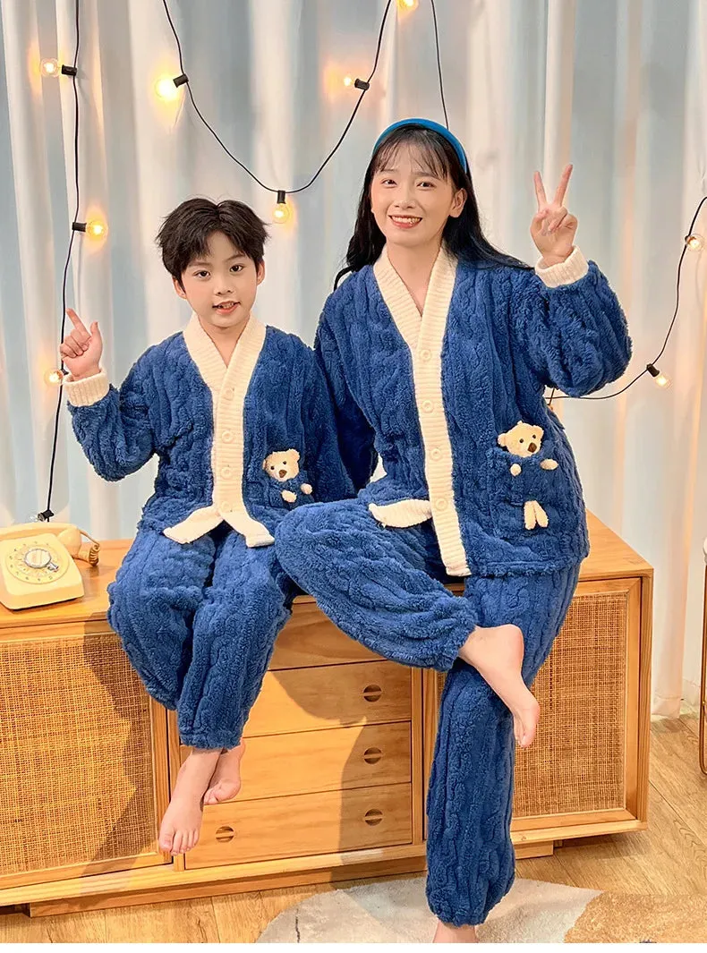 New 2023 Autumn Winter Kids Thicken Warm Flannel Pajamas Baby Boys Girls Cartoon Bear Casual Sleepwear Clothing Sets Pyjamas