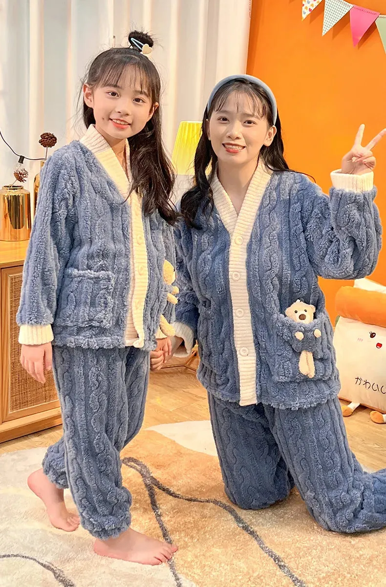 New 2023 Autumn Winter Kids Thicken Warm Flannel Pajamas Baby Boys Girls Cartoon Bear Casual Sleepwear Clothing Sets Pyjamas