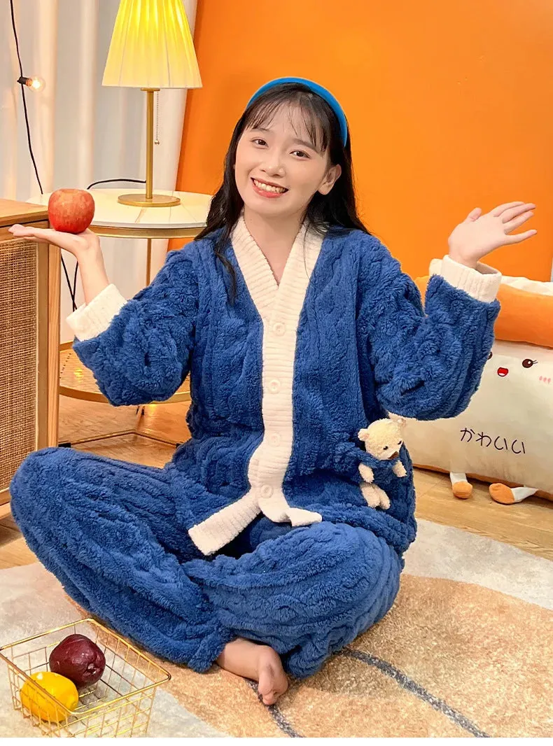 New 2023 Autumn Winter Kids Thicken Warm Flannel Pajamas Baby Boys Girls Cartoon Bear Casual Sleepwear Clothing Sets Pyjamas