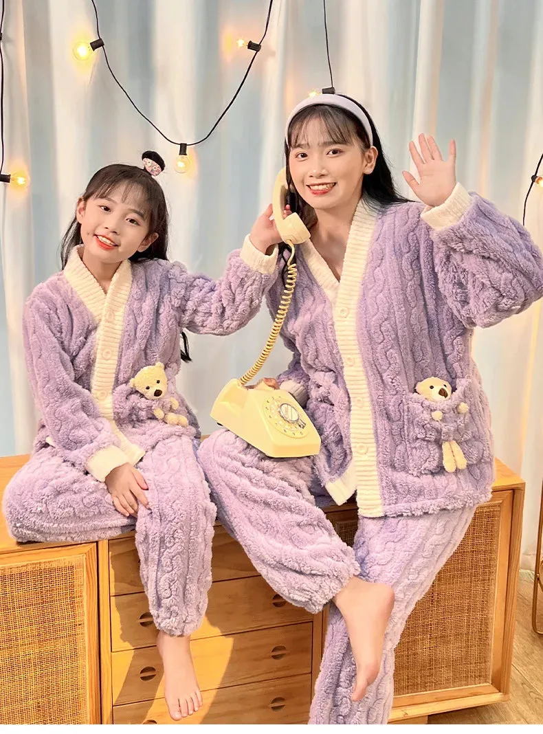 New 2023 Autumn Winter Kids Thicken Warm Flannel Pajamas Baby Boys Girls Cartoon Bear Casual Sleepwear Clothing Sets Pyjamas