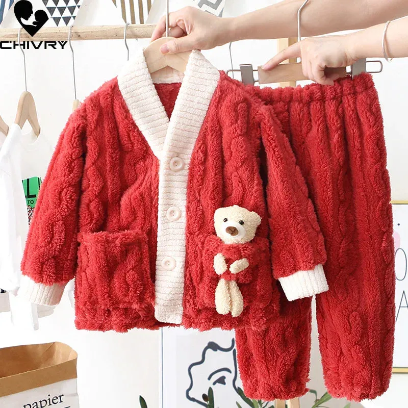 New 2023 Autumn Winter Kids Thicken Warm Flannel Pajamas Baby Boys Girls Cartoon Bear Casual Sleepwear Clothing Sets Pyjamas