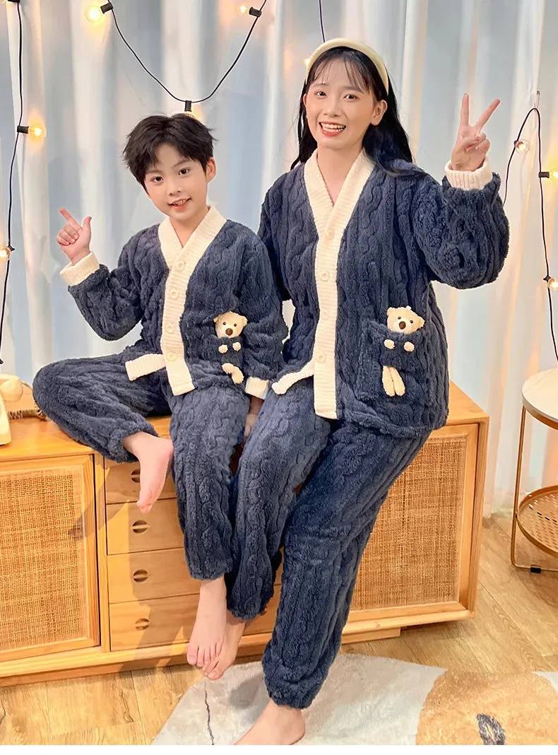 New 2023 Autumn Winter Kids Thicken Warm Flannel Pajamas Baby Boys Girls Cartoon Bear Casual Sleepwear Clothing Sets Pyjamas