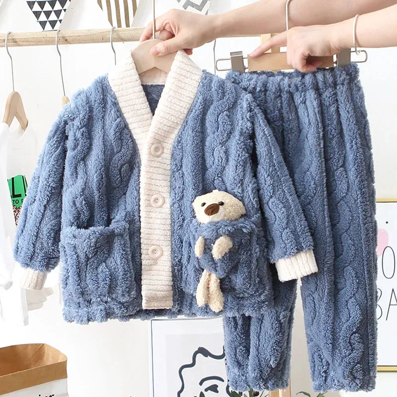 New 2023 Autumn Winter Kids Thicken Warm Flannel Pajamas Baby Boys Girls Cartoon Bear Casual Sleepwear Clothing Sets Pyjamas