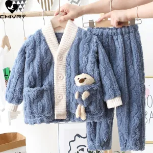 New 2023 Autumn Winter Kids Thicken Warm Flannel Pajamas Baby Boys Girls Cartoon Bear Casual Sleepwear Clothing Sets Pyjamas