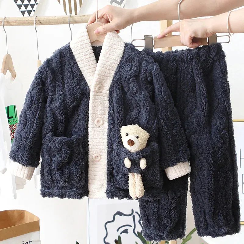 New 2023 Autumn Winter Kids Thicken Warm Flannel Pajamas Baby Boys Girls Cartoon Bear Casual Sleepwear Clothing Sets Pyjamas