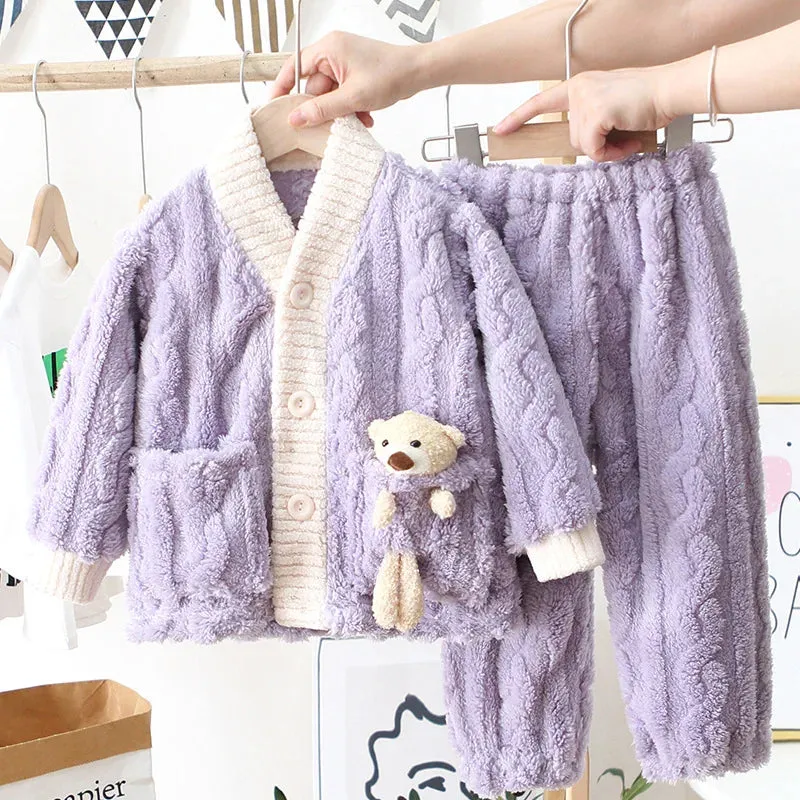 New 2023 Autumn Winter Kids Thicken Warm Flannel Pajamas Baby Boys Girls Cartoon Bear Casual Sleepwear Clothing Sets Pyjamas