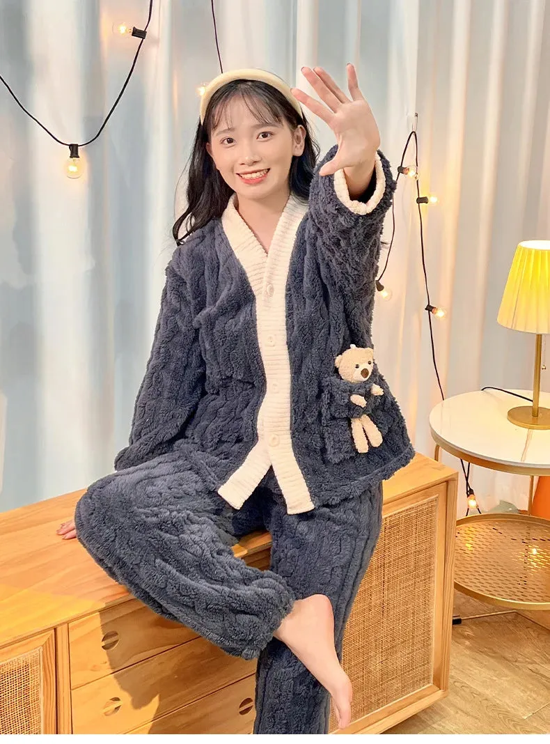 New 2023 Autumn Winter Kids Thicken Warm Flannel Pajamas Baby Boys Girls Cartoon Bear Casual Sleepwear Clothing Sets Pyjamas