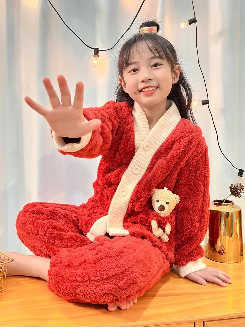 New 2023 Autumn Winter Kids Thicken Warm Flannel Pajamas Baby Boys Girls Cartoon Bear Casual Sleepwear Clothing Sets Pyjamas