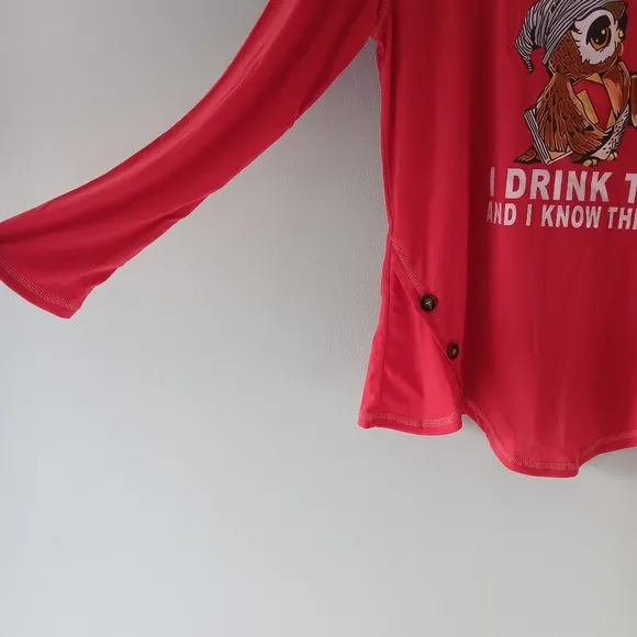 NEW NoraCora Jersey Sleep Shirt Lounge Pajama Top Books Tea Owl Red Extra Large