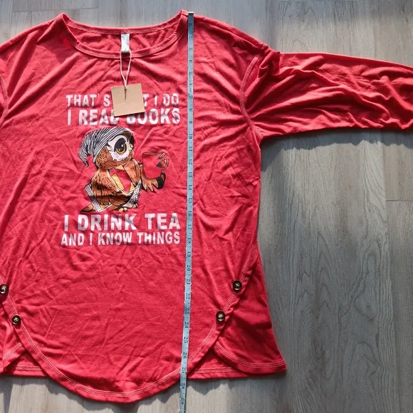 NEW NoraCora Jersey Sleep Shirt Lounge Pajama Top Books Tea Owl Red Extra Large