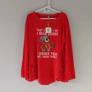 NEW NoraCora Jersey Sleep Shirt Lounge Pajama Top Books Tea Owl Red Extra Large