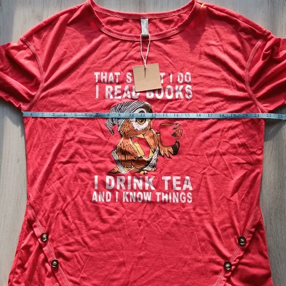 NEW NoraCora Jersey Sleep Shirt Lounge Pajama Top Books Tea Owl Red Extra Large