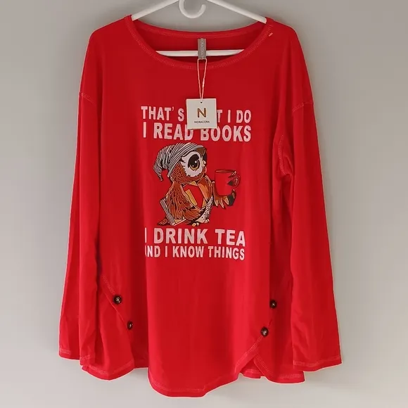 NEW NoraCora Jersey Sleep Shirt Lounge Pajama Top Books Tea Owl Red Extra Large