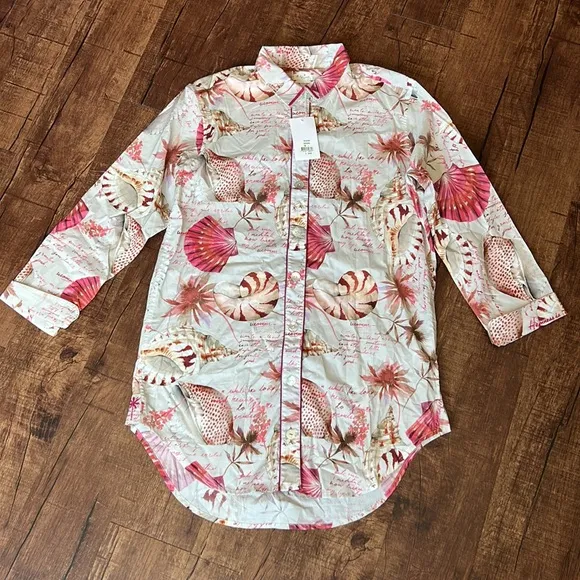 NEW The Lazy Poet sissy boyfriend shirt pajama button down dress pink seashells