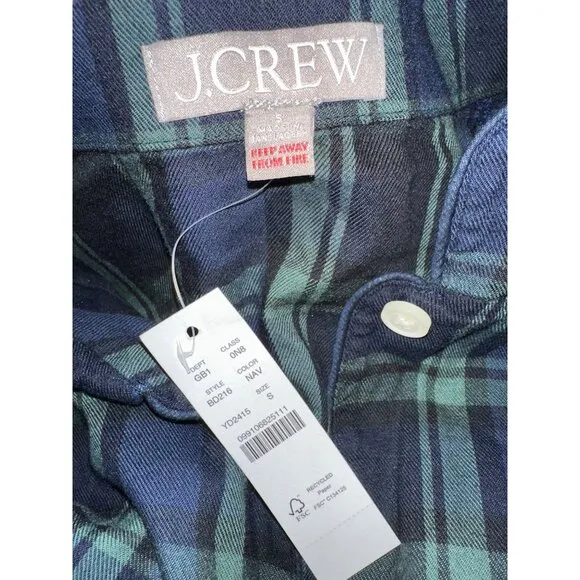 NWT J. crew Green &amp; Navy Plaid Flannel Pajamas Size Small