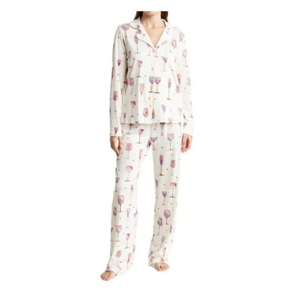 NWT PJ Salvage Long Sleeve Wine Life Button-Up Shirt &amp; Pants Pajamas (Sz M)