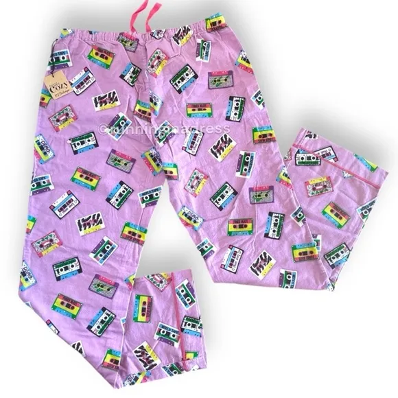 NWT PJ Salvage Mix Tape Flannel Pajama Bottoms In Lavender Size Large