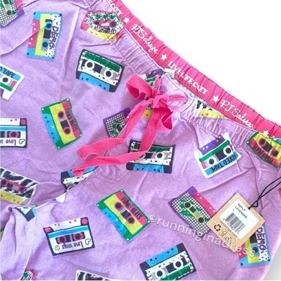 NWT PJ Salvage Mix Tape Flannel Pajama Bottoms In Lavender Size Large