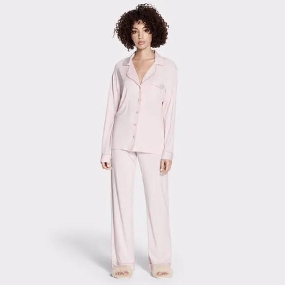 NWT UGG 2 pcs Lenon Pink Mini Stripe Jersey Knit Pajamas Shirt   Pants Set