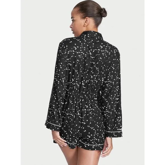 NWT Victoria’s Secret Flannel Romper Size XXL Black Star Print Pajamas Sleepwear