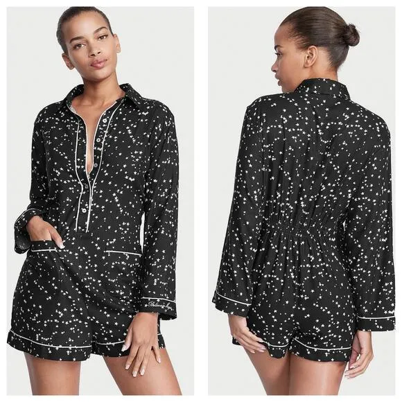 NWT Victoria’s Secret Flannel Romper Size XXL Black Star Print Pajamas Sleepwear