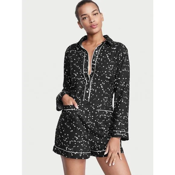 NWT Victoria’s Secret Flannel Romper Size XXL Black Star Print Pajamas Sleepwear