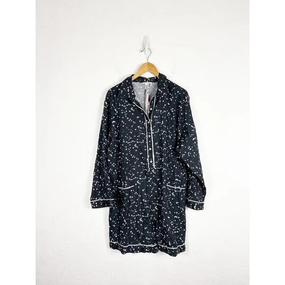 NWT Victoria’s Secret Flannel Romper Size XXL Black Star Print Pajamas Sleepwear