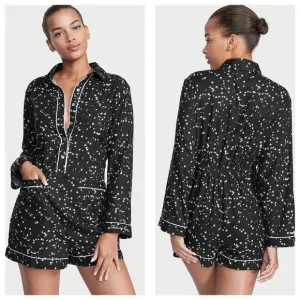 NWT Victoria’s Secret Flannel Romper Size XXL Black Star Print Pajamas Sleepwear