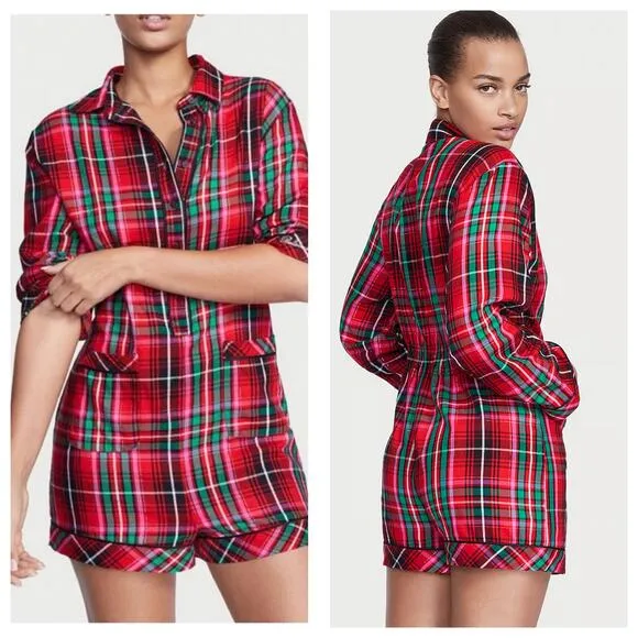 NWT Victoria’s Secret Flannel Romper Size XXL Red Plaid Print Pajamas Sleepwear