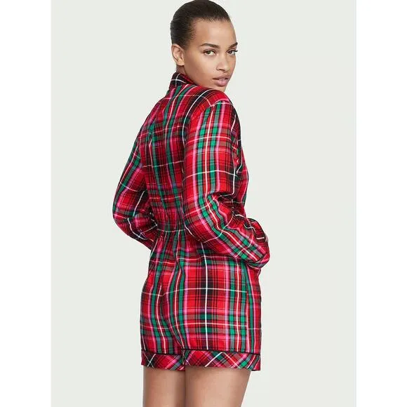 NWT Victoria’s Secret Flannel Romper Size XXL Red Plaid Print Pajamas Sleepwear