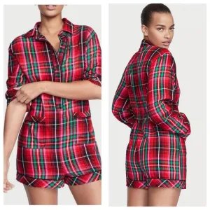 NWT Victoria’s Secret Flannel Romper Size XXL Red Plaid Print Pajamas Sleepwear