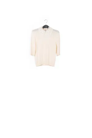 Off-white sweater with lace and pearl-embroidered collar