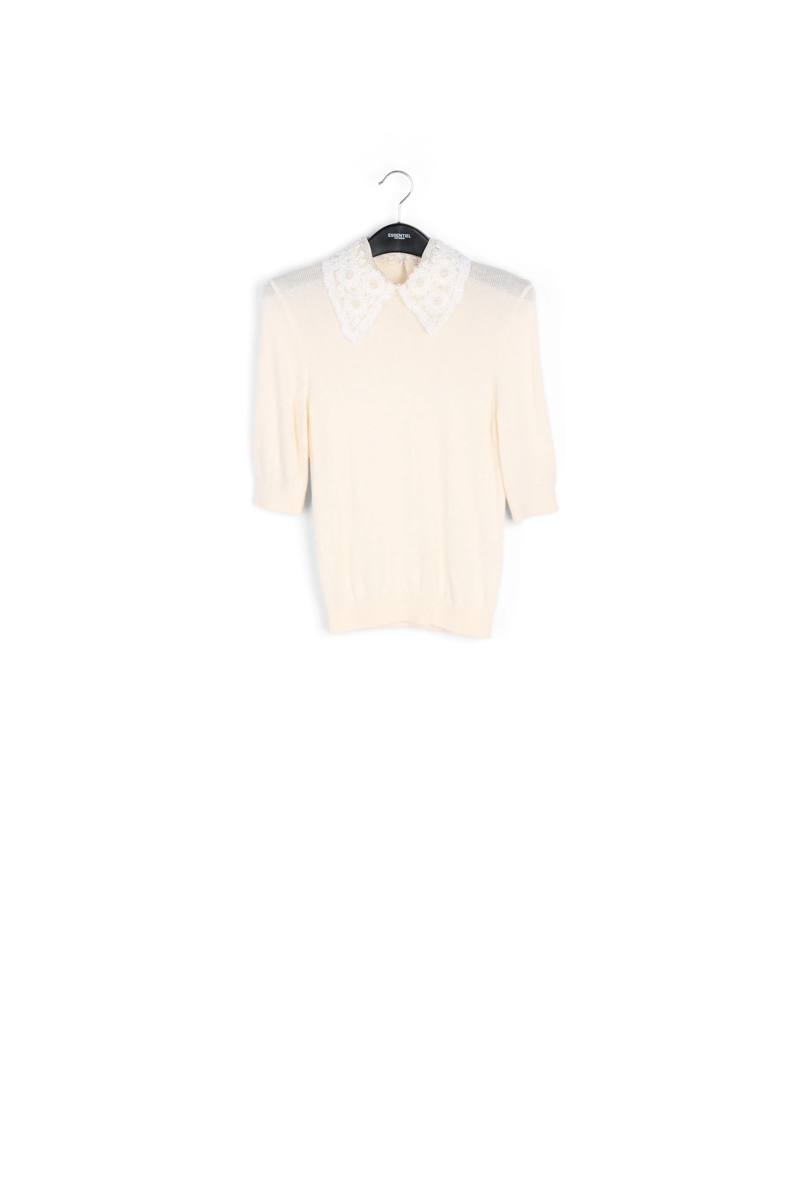 Off-white sweater with lace and pearl-embroidered collar