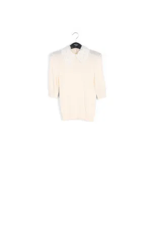 Off-white sweater with lace and pearl-embroidered collar
