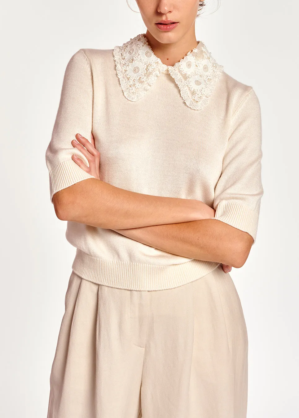 Off-white sweater with lace and pearl-embroidered collar