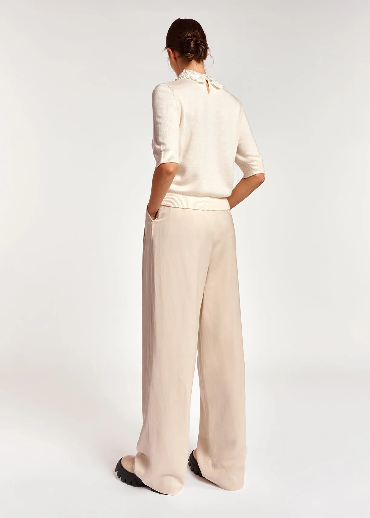 Off-white sweater with lace and pearl-embroidered collar
