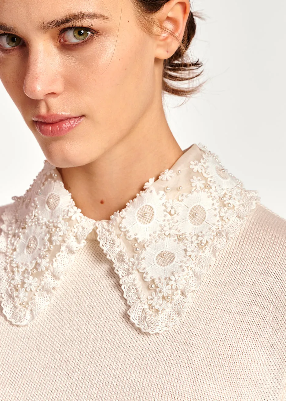 Off-white sweater with lace and pearl-embroidered collar