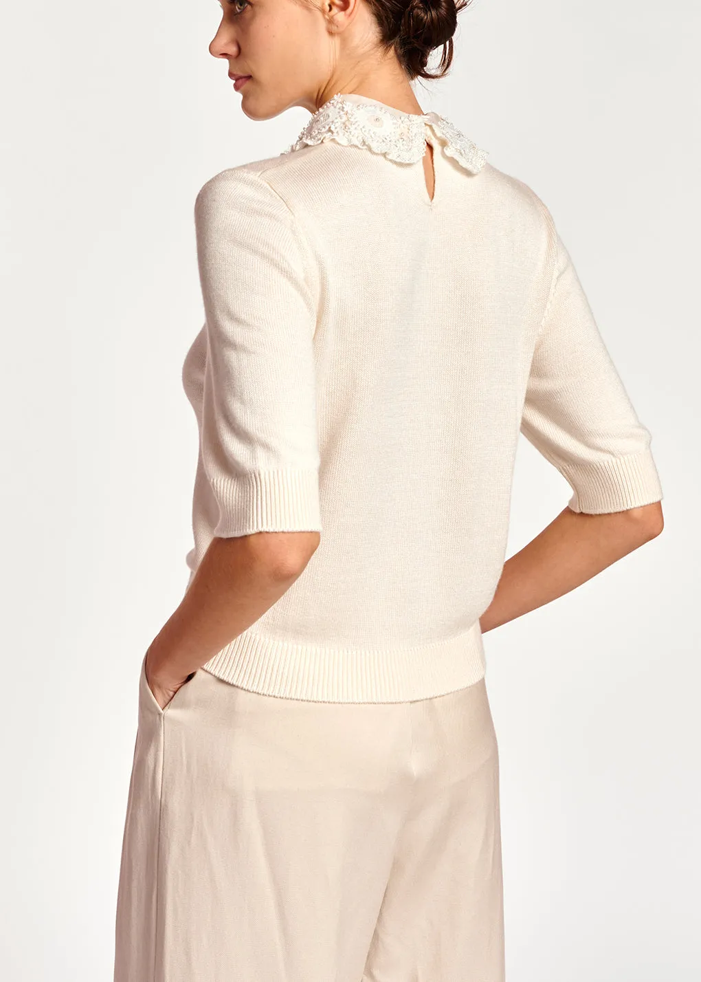 Off-white sweater with lace and pearl-embroidered collar