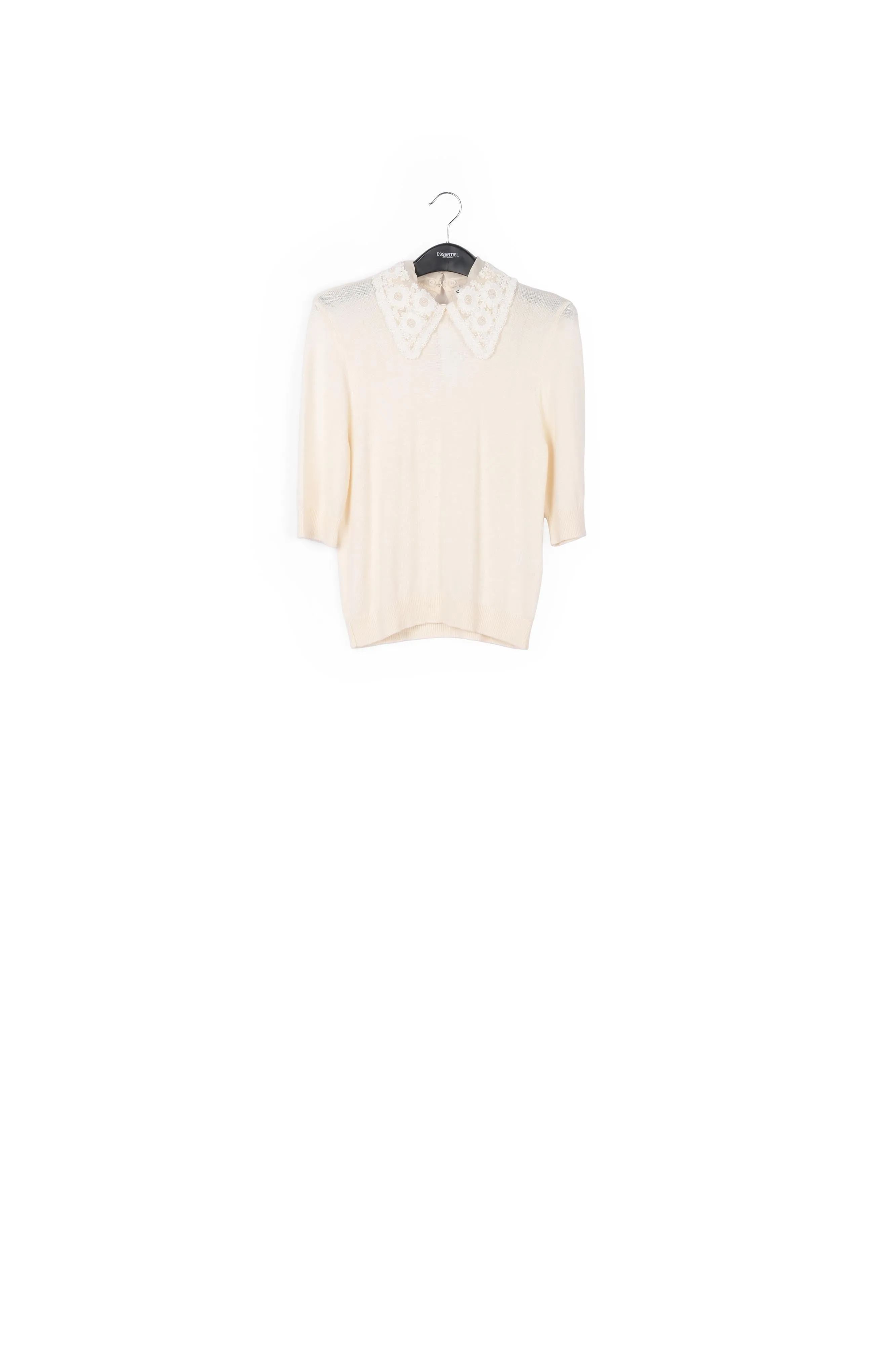 Off-white sweater with lace and pearl-embroidered collar