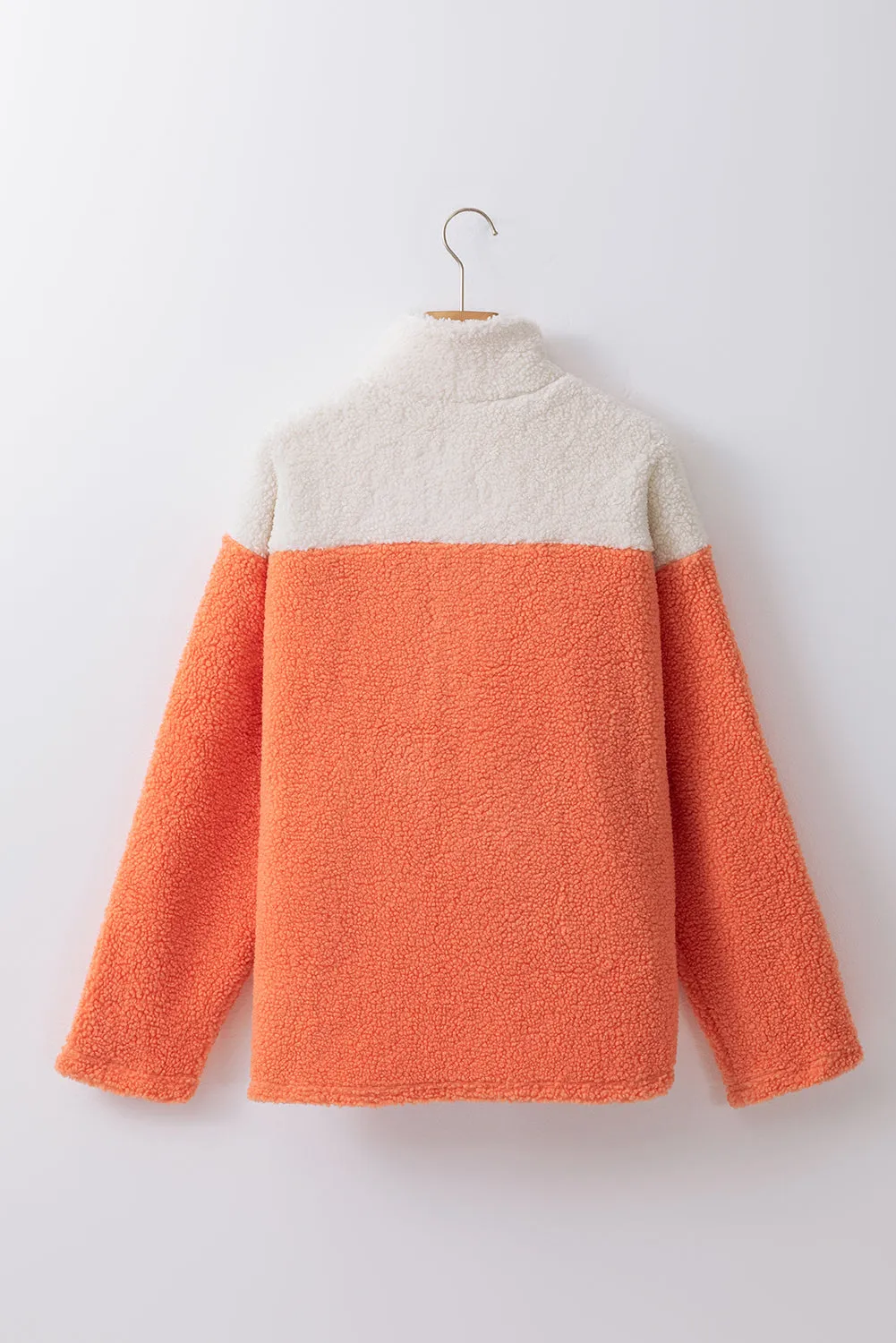 Orange Colorblock Half Zipper Stand Neck Sherpa Sweatshirt