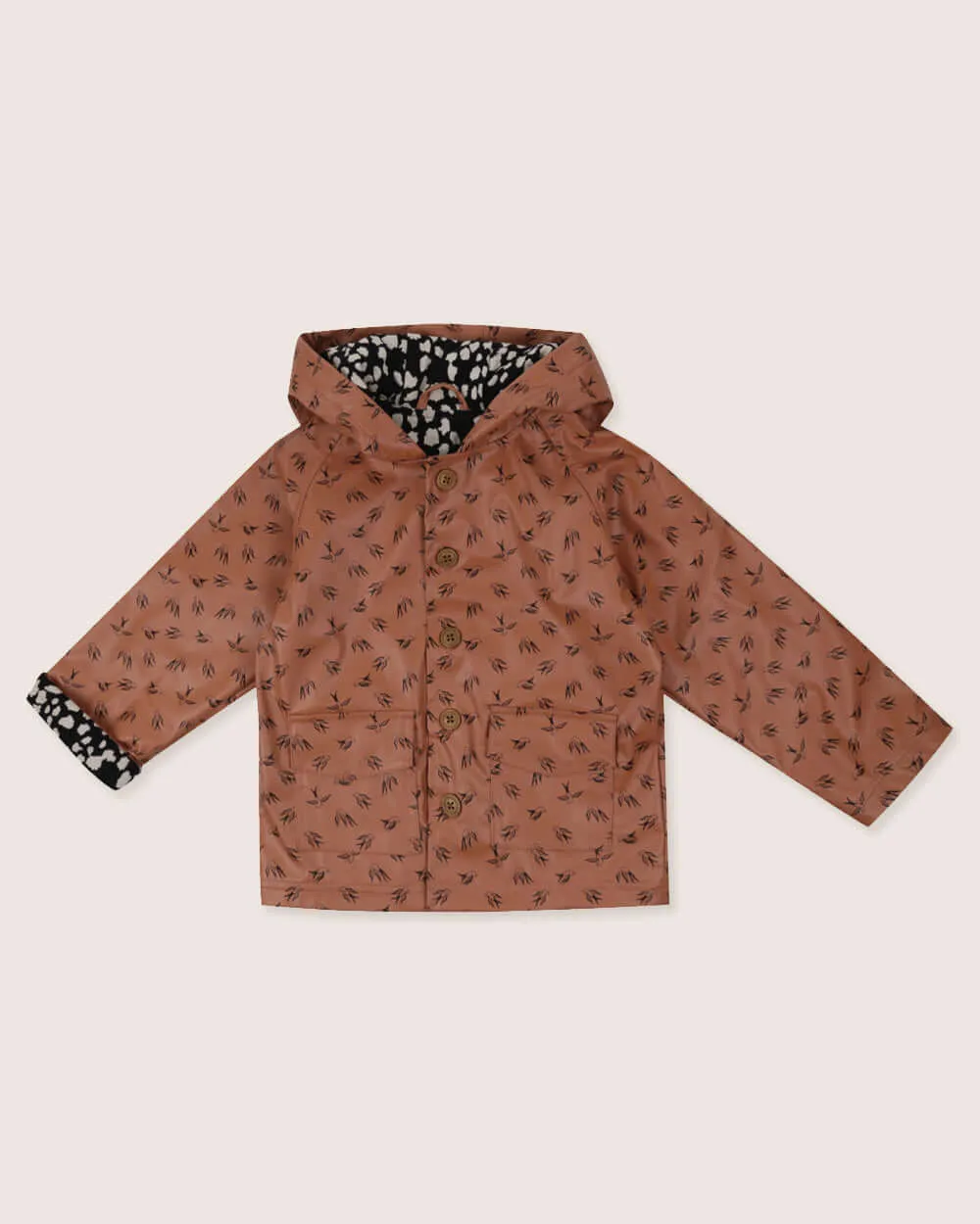 Orange Dancing Bird Print Hooded Raincoat